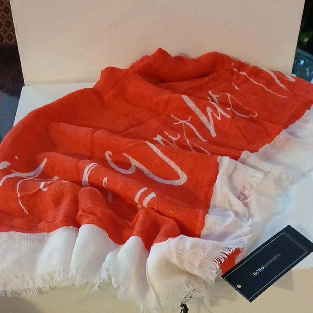 BCBGMaxAzria Red and White Fringed Large Square Scarf NWT